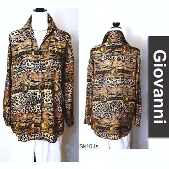 GIOVANNI 100% Silk Blouse Brown Black Leopard Print Oversized Collar L-Sleeve - Picture 1 of 13